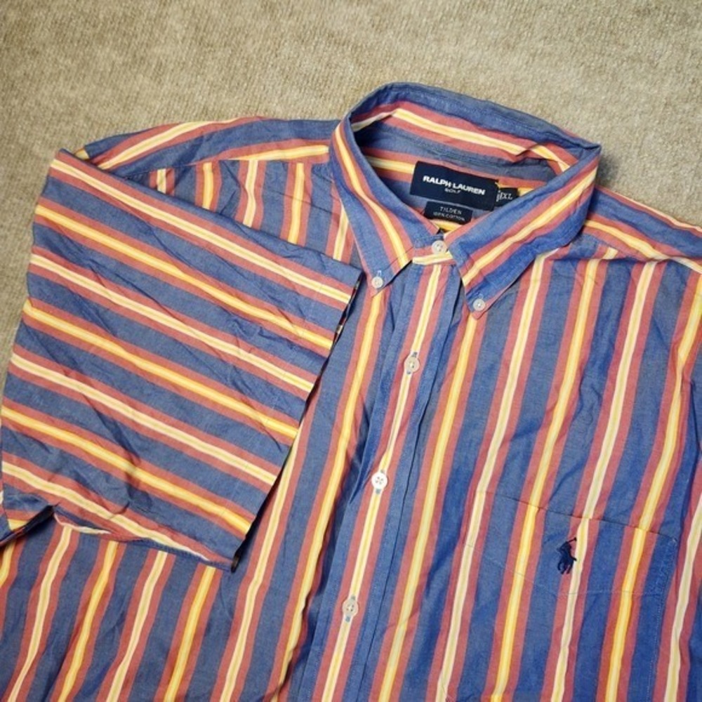 Ralph Lauren Golf Shirt Mens XL Blue Red Striped Tilden Cotton Button Down EXCL